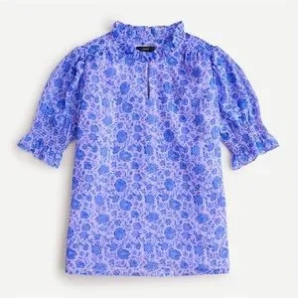 J. Crew Purple and Blue Floral Puff Sleeve Crinkle Chiffon Blouse